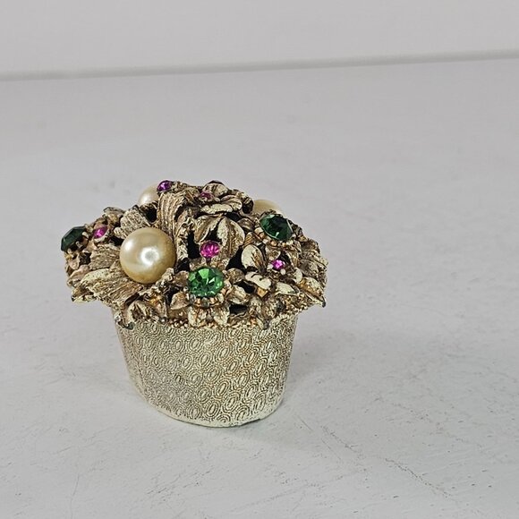 Vintage Florenza Gold-Toned Floral Basket Trinket Box Faux Pearls Rhinestones - Picture 5 of 9